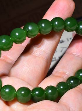 JJ010711新疆的猫28.5克10mm色调靓菠菜绿碧玉圆珠手链和田玉