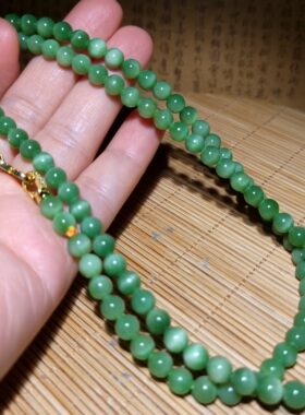 zg020413新疆的猫36.2克新疆黑羊洞美鲜翠薄荷绿猫眼碧玉超长项链