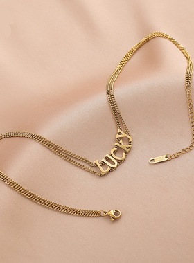 2511lucky英文字母双层锁骨链女 choker设计感轻奢短款颈链复古