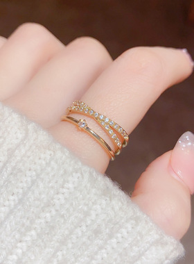 秋冬新款感锆石双层戒指设计轻奢冷淡风开口食指时尚个性指环