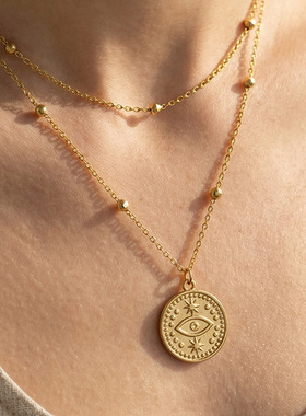 欧美ins简约设计恶魔之眼圆牌吊坠双层叠戴项链不锈钢镀18k金饰品