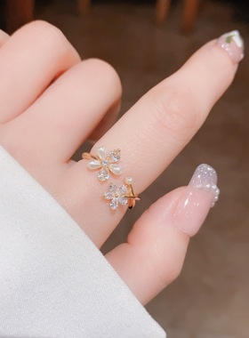 韩国网红时尚温柔气质锆石珍珠花朵开口戒指个性开口戒食指戒指