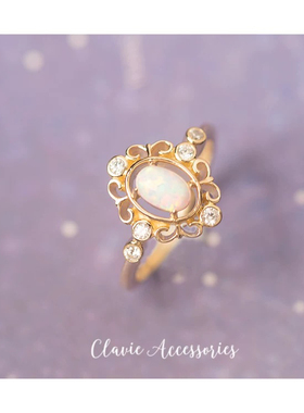 日系轻奢人造欧珀欧泊高级感菱形蕾丝戒指925纯银镀金开口可调节