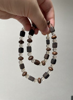 【珍珠 木头 水晶】原创设计师项链虫漏沉香芽庄白奇楠铜发绿幽灵