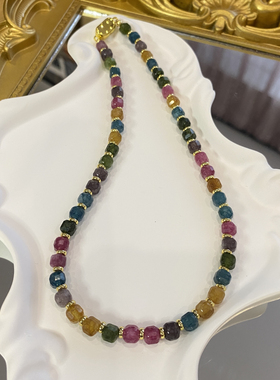 【凝彩】彩虹糖果碧玺玉髓海棠石串珠项链女复古度假风锁骨链颈链