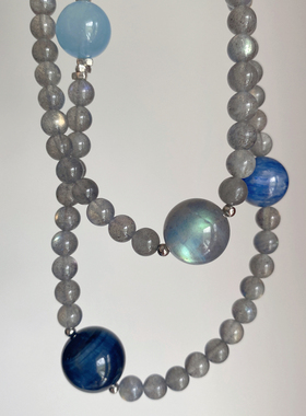 【宇宙来信】天然海蓝宝灰月光石手串虎眼石多圈手链女生日礼物