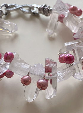 一物一拍天然老矿料白水晶玫红色珍珠手链女款单圈原矿石手串礼物