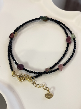 小众手工原创黑尖晶石碧玺串珠项链黑色小圆球叠戴颈链锁骨链