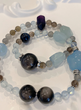 天然8A冰种海蓝宝双圈手串魔鬼蓝海蓝宝星星茶晶银曜石灰月光手链