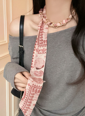 春夏季新款复古印花丝巾项链女高级感气质小众系脖领巾长条配饰