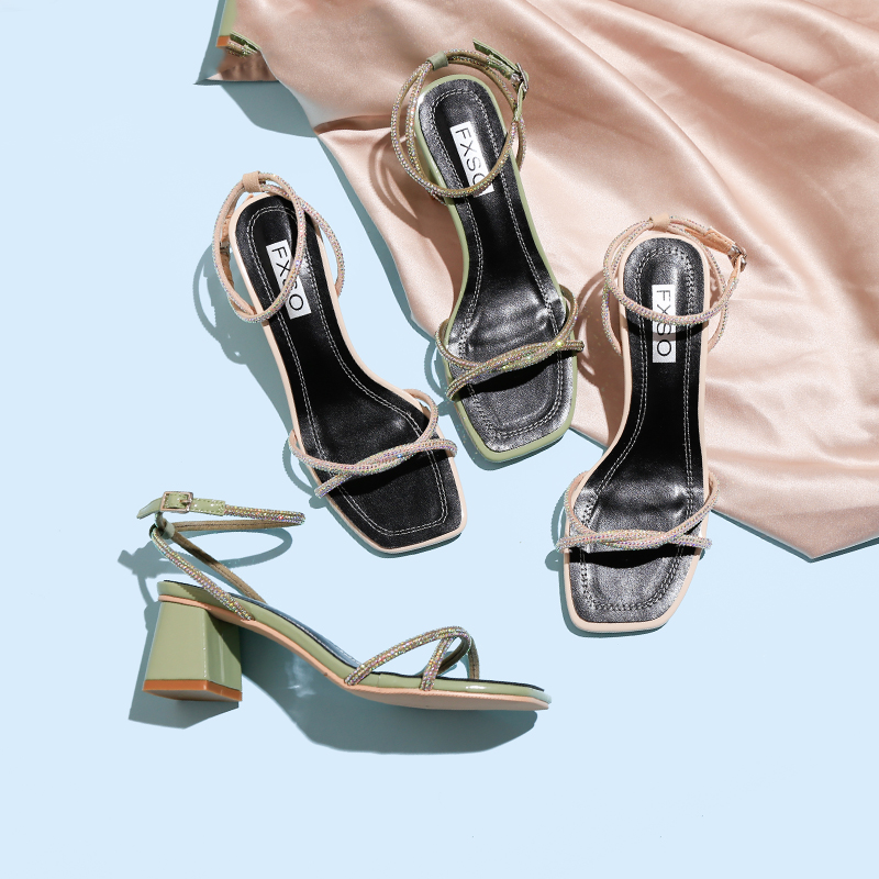 FXSO方巷大叔 原创潮流 高性价比粗跟凉鞋女新款夏季水钻仙女风一字扣高跟晚晚罗马ins潮女鞋1
