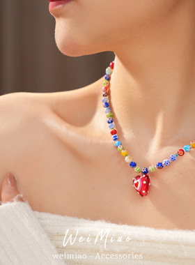 彩色琉璃珠爱心树脂项链轻奢小众锁骨链小清新甜美气质时尚项饰女