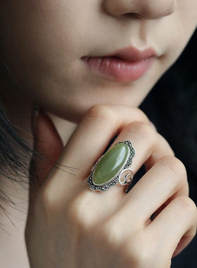 925银蛋面和田玉花边戒指女2025年国风新中式感指环饰品