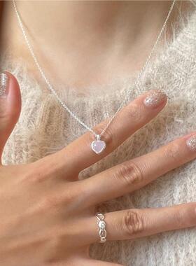 韩国博主日常叠戴甜酷白铜镀厚银粉色爱心超细精致简约锁骨链项链