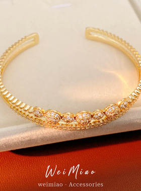 14k真金电镀镶锆石双层圆形开口手镯精致气质手链轻奢感手饰