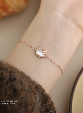 S925纯银白贝母镶钻手链女新款小众精致kitty蝴蝶结可爱小猫手饰