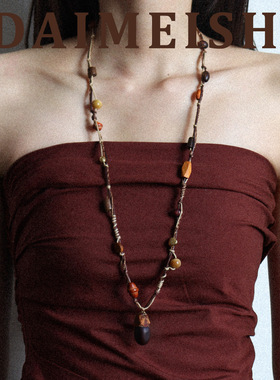 复古时尚精致虎眼石缅茄果长款项链轻奢小众感手工编绳毛衣链