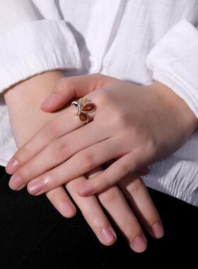 天然仿和田玉红色蝴蝶分色戒指宫廷复古镶嵌锆石蜻蜓如意戒指饰品