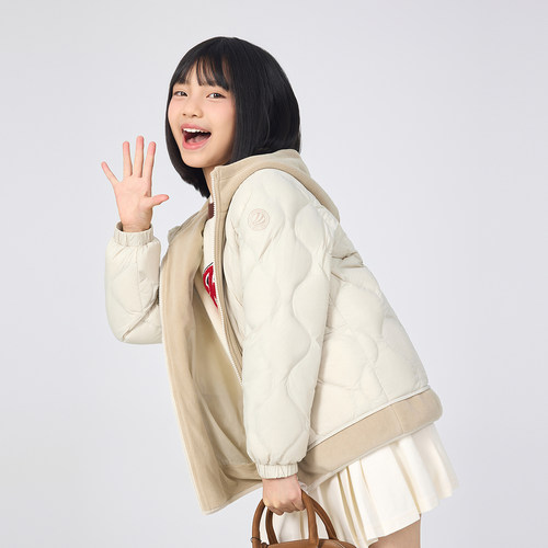 波司登25新款男女童短款儿童羽绒服连帽柔软摇粒绒拼接 - 图0