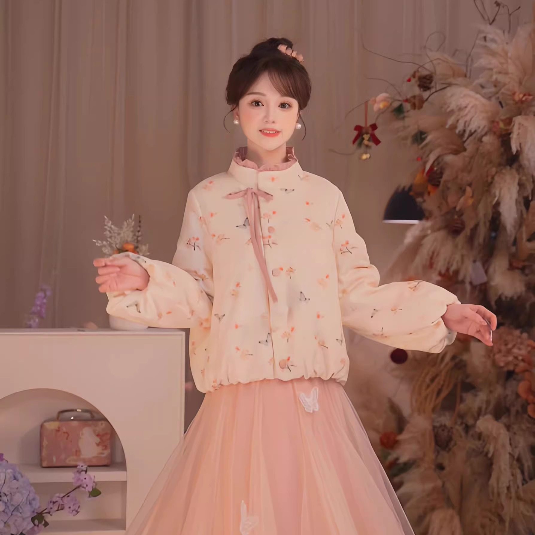 瑶西【粉枝蝶影】冬季厚款印花外套立体蝴蝶仙雾粉加绒半裙女套装,淘宝优惠券,粉丝福利购,淘宝优惠卷