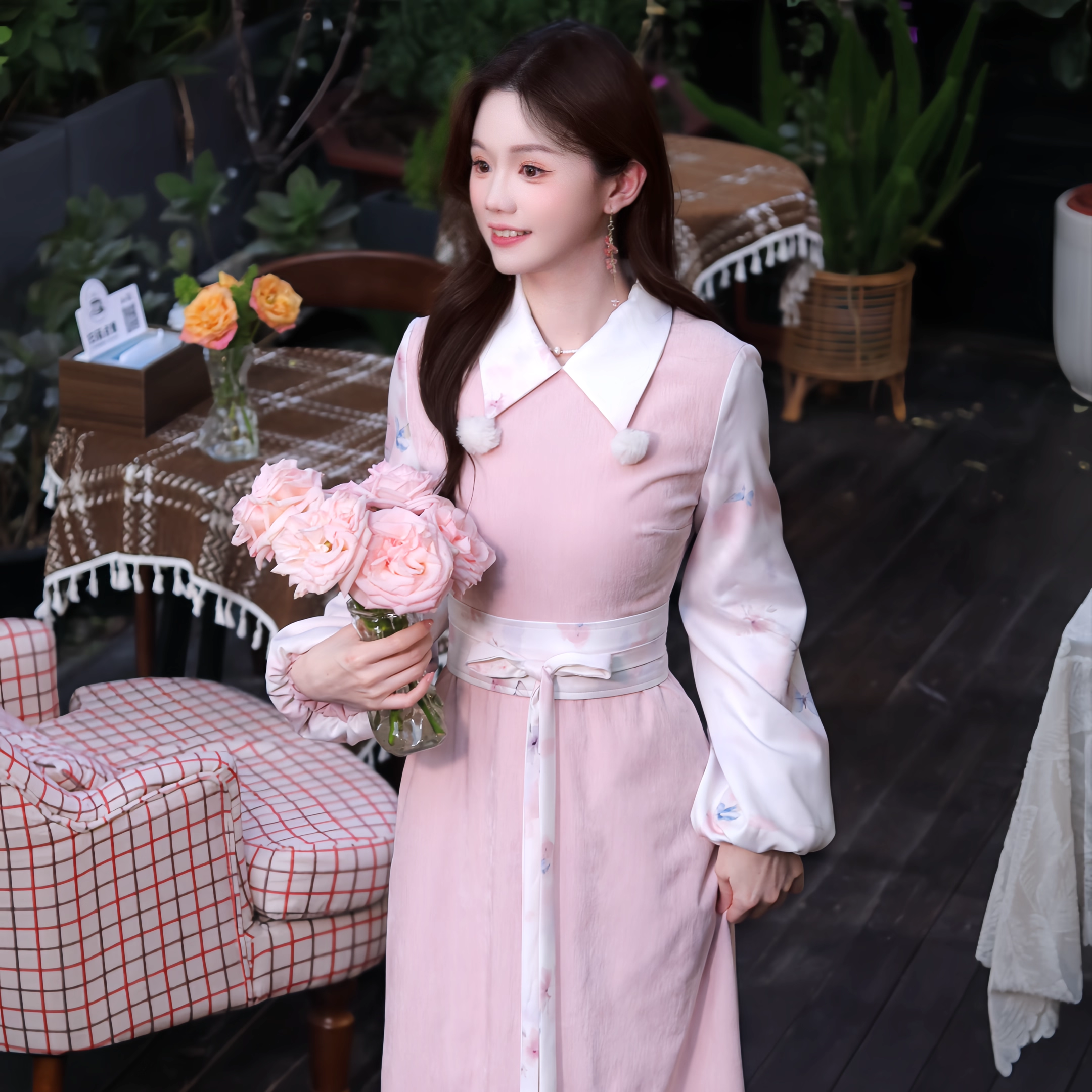 瑶西【粉樱甜叙】冬季甜美加绒假两件套汉元素国风女连衣裙,淘宝优惠券,粉丝福利购,淘宝优惠卷