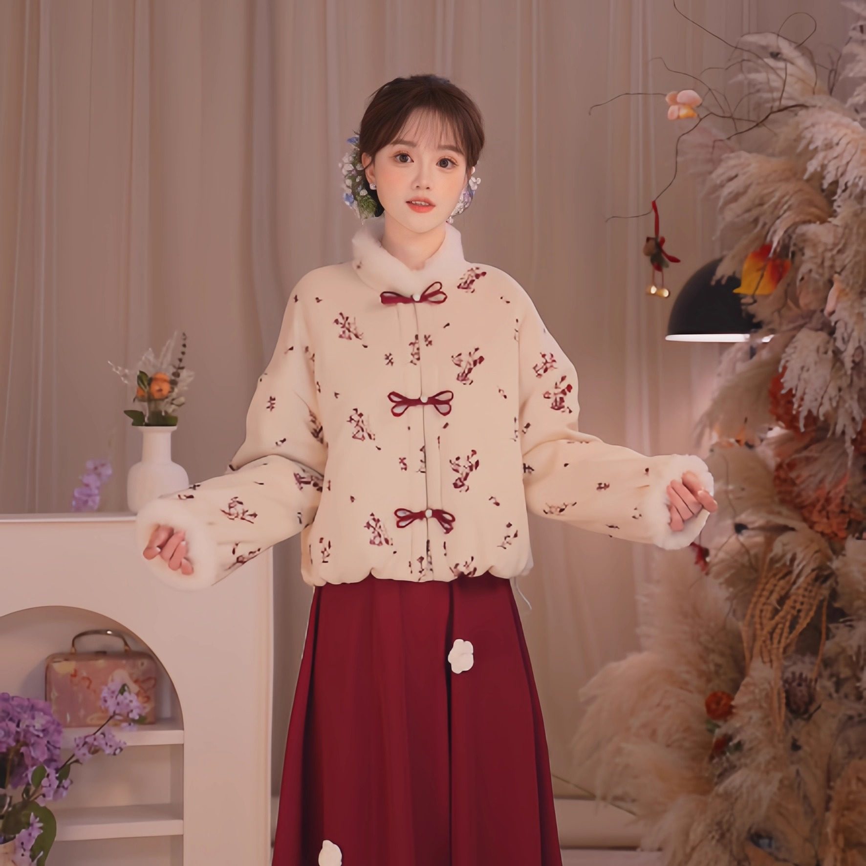 瑶西【红枝暮雪】正版原创冬季厚款外套立体手工花加绒女半裙套装,淘宝优惠券,粉丝福利购,淘宝优惠卷