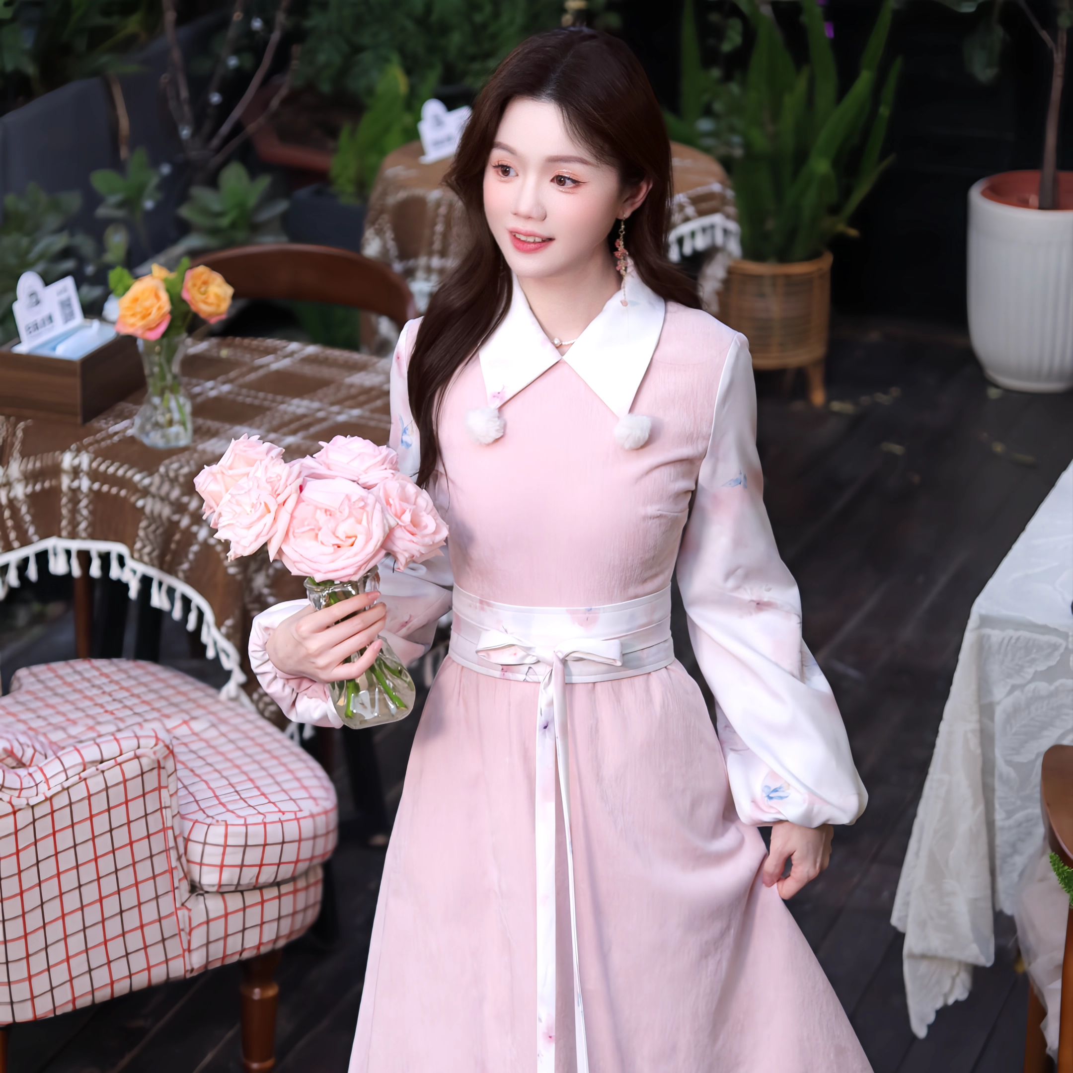 瑶西【粉樱甜叙】冬季甜美加绒假两件套汉元素国风女连衣裙,淘宝优惠券,粉丝福利购,淘宝优惠卷