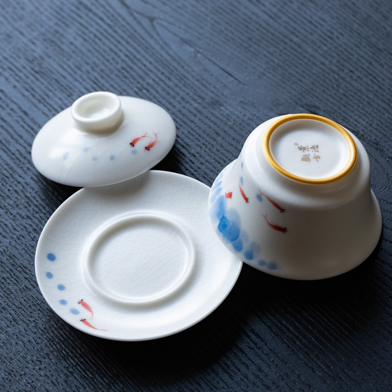 Gaiwan Kungfu tea set Bairu kiln open slice hand painted fish