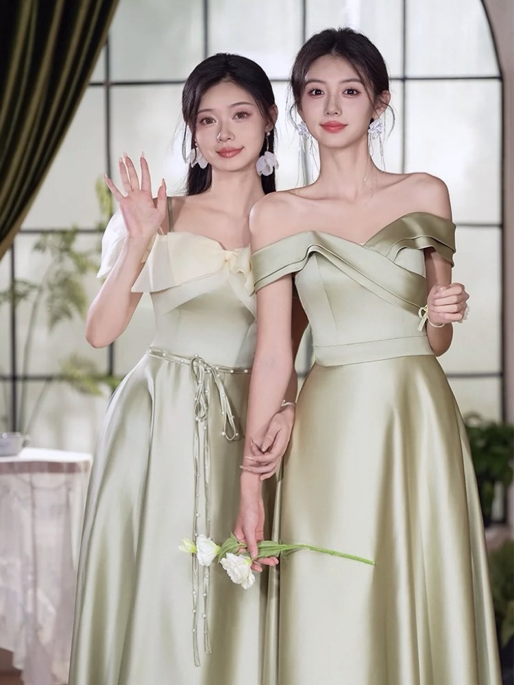 2024新款绿色伴娘服缎面夏季高级小众姐妹团性感显瘦气质平时可穿