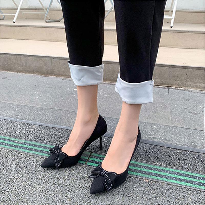 细跟高跟鞋女2025年新款蝴蝶结尖头绒面单鞋黑色工作鞋大码41-43 - 图3