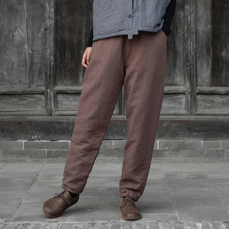 棉麻高腰休闲棉裤女冬外穿亚麻加厚保暖夹棉手工中式直筒长裤茶服,淘宝优惠券,粉丝福利购,淘宝优惠卷