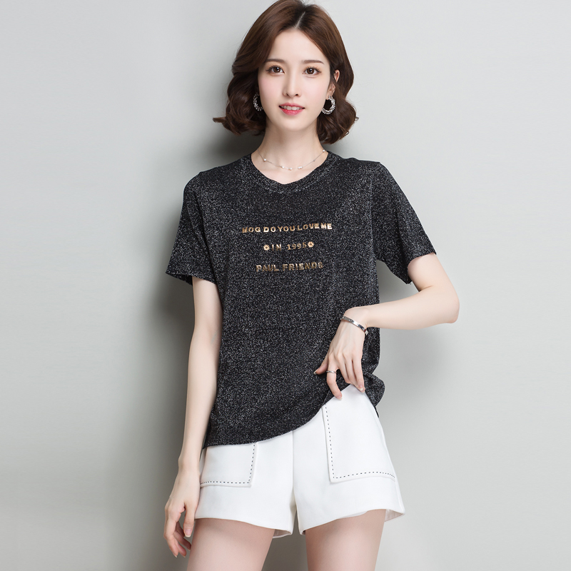品哥弟新2022女装韩版夏季冰丝大码短袖t恤桑蚕丝字母上衣打底衫