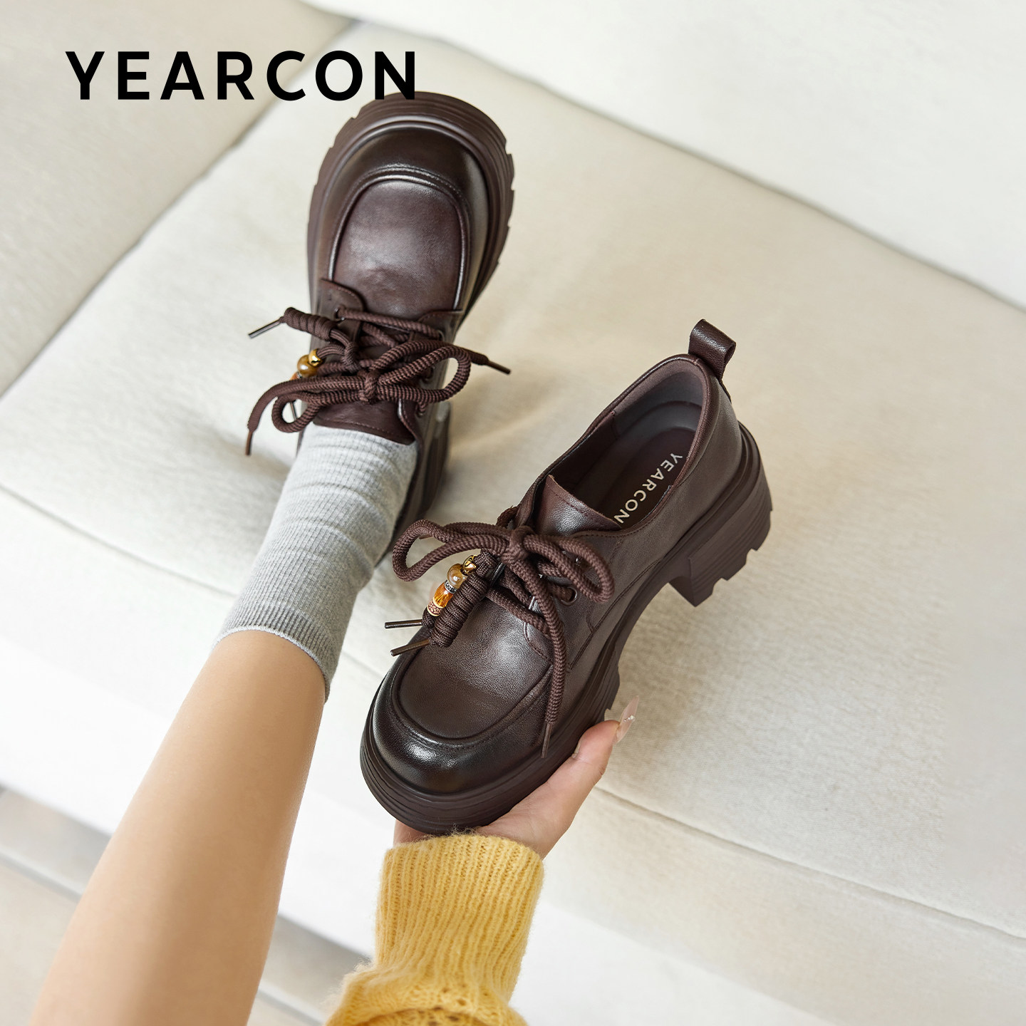 意尔康厚底小皮鞋女2026春新款单鞋英伦风小个子增高真皮乐福鞋女,淘宝优惠券,粉丝福利购,淘宝优惠卷