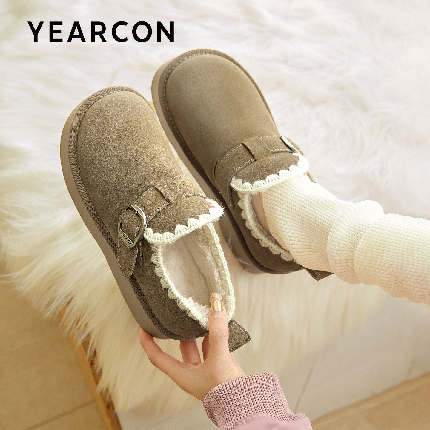 意尔康真皮加绒棉鞋女2025冬季新款小个子增高勃肯鞋加厚毛毛鞋,淘宝优惠券,粉丝福利购,淘宝优惠卷