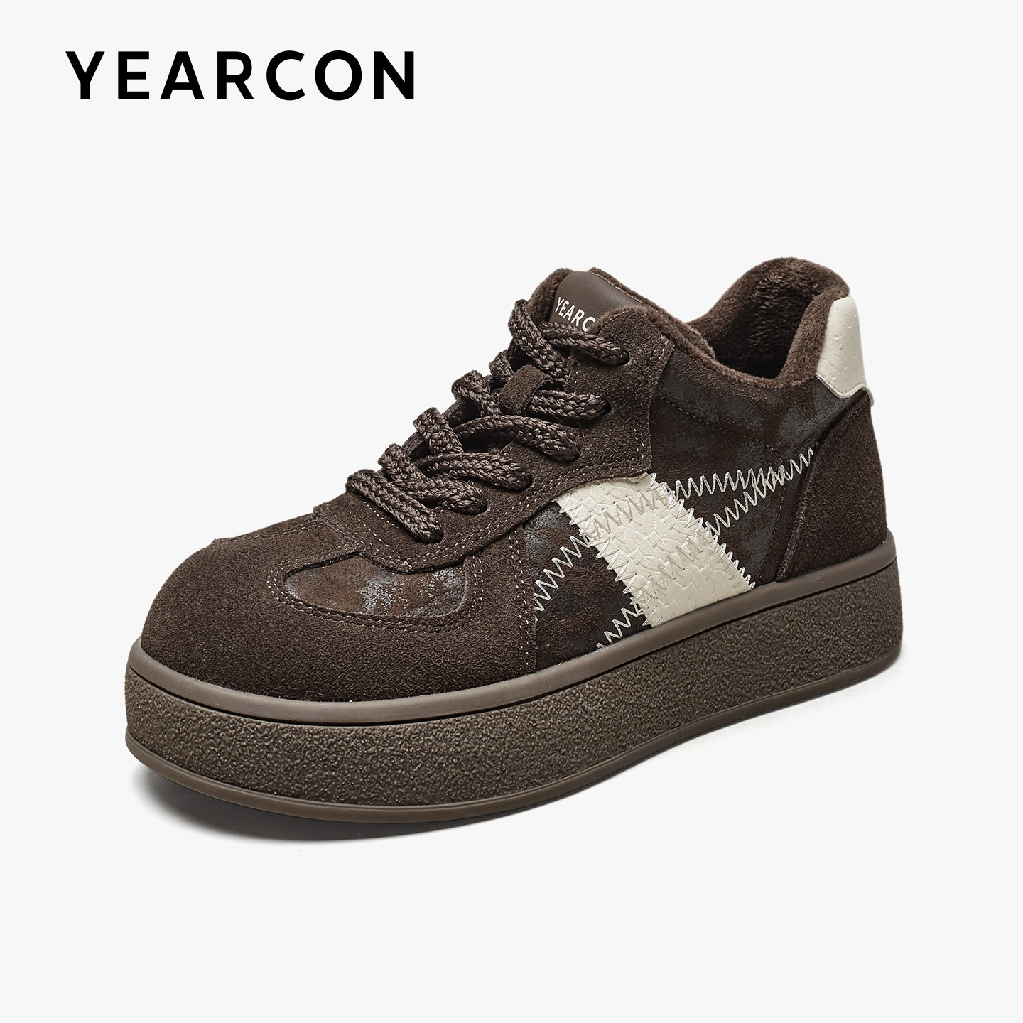 意尔康加绒保暖德训鞋女厚底增高2025冬新款复古棕色棉鞋休闲板鞋,淘宝优惠券,粉丝福利购,淘宝优惠卷