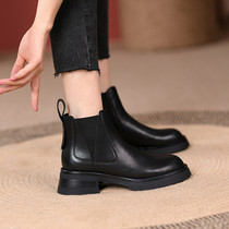 Herben tunic retro round head leather plus velvet smoke pipe boots Chelsea boot thick base coarse heel short boots female Martin boots