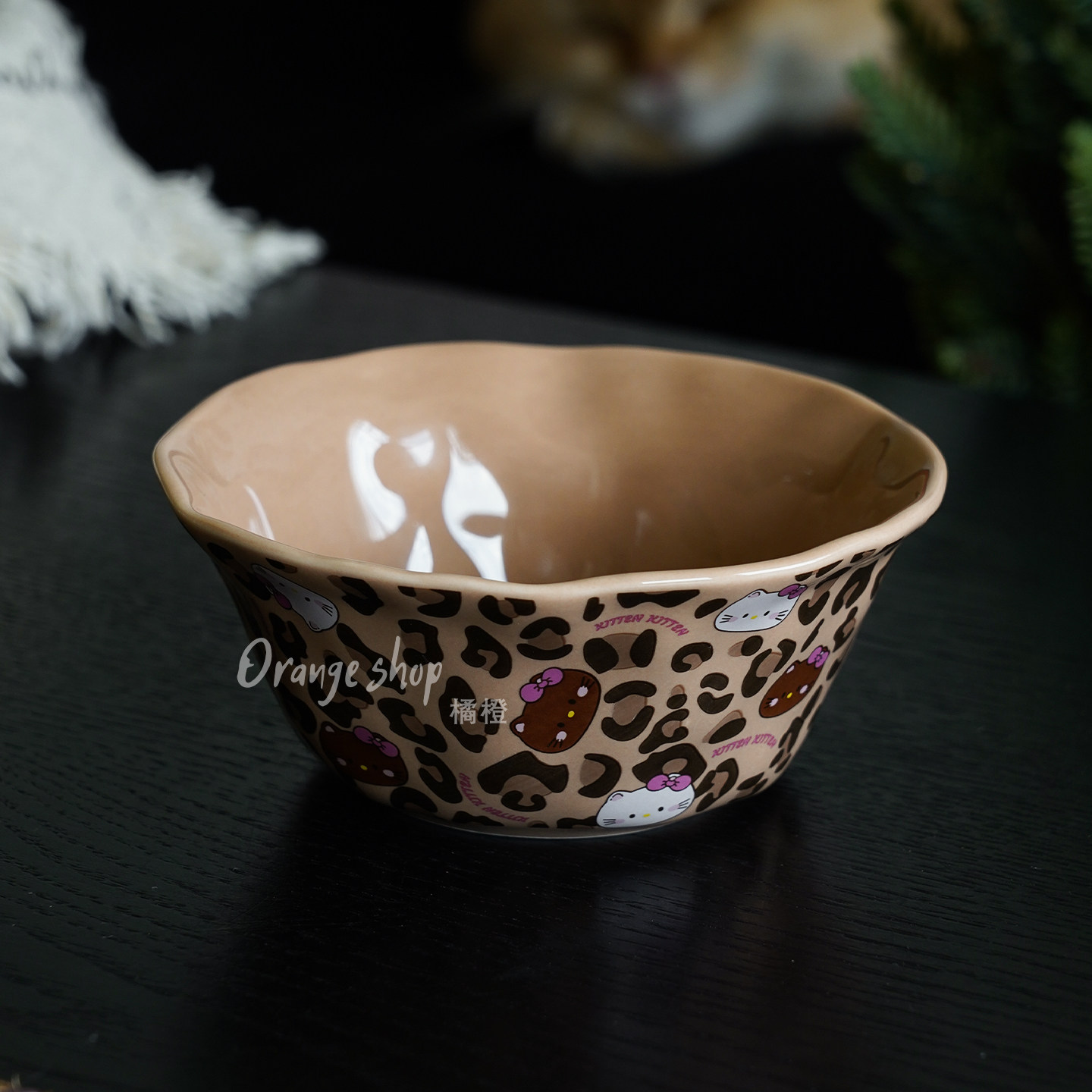 复古豹纹陶瓷碗卡通凯蒂猫花边碗可爱少女心简约风饭碗甜品碗家用
