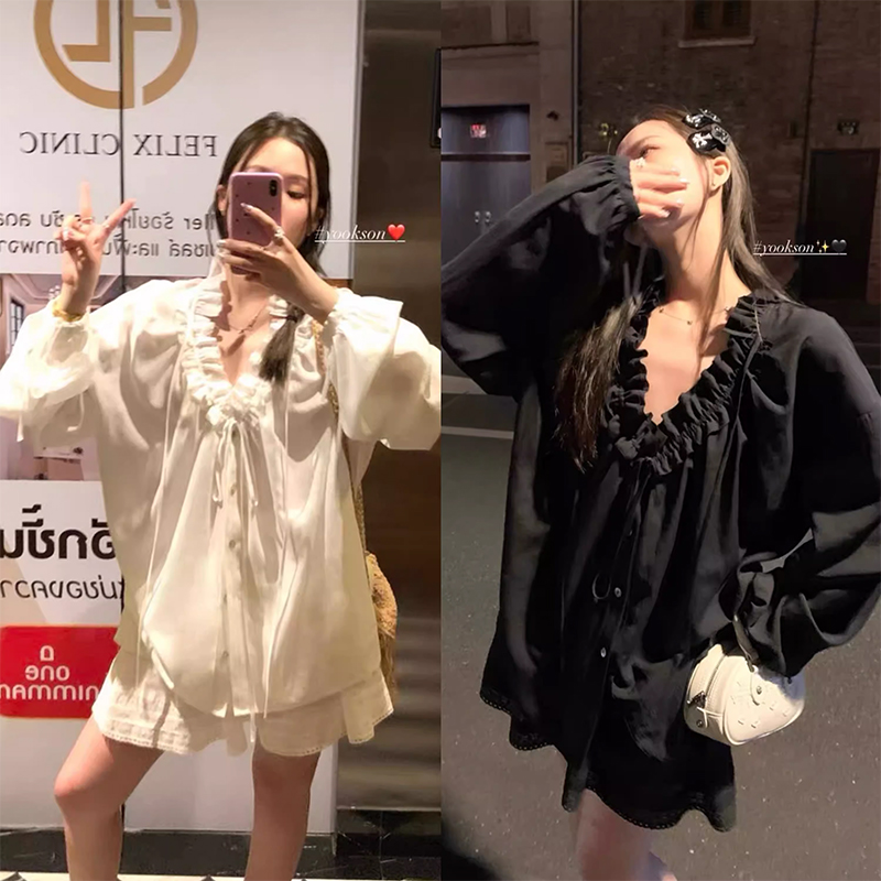 HEYGIRL黑哥 白月光对丝套装~女夏v领木耳边绑带衬衫短裙两件套！ - 图0