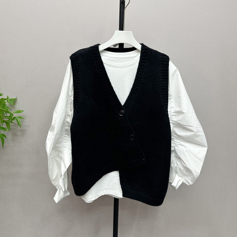 轻熟简约风V领不规则针织马甲皱褶长袖设计感T恤洋气两件套67293H,淘宝优惠券,粉丝福利购,淘宝优惠卷