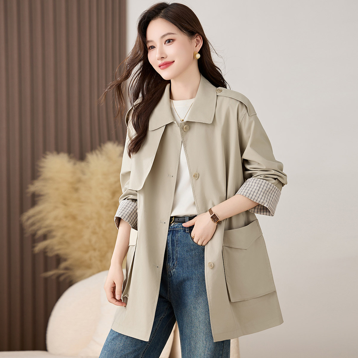 大码女装风衣外套女中长款春秋新款宽松显瘦通勤气质高级感大衣,淘宝优惠券,粉丝福利购,淘宝优惠卷