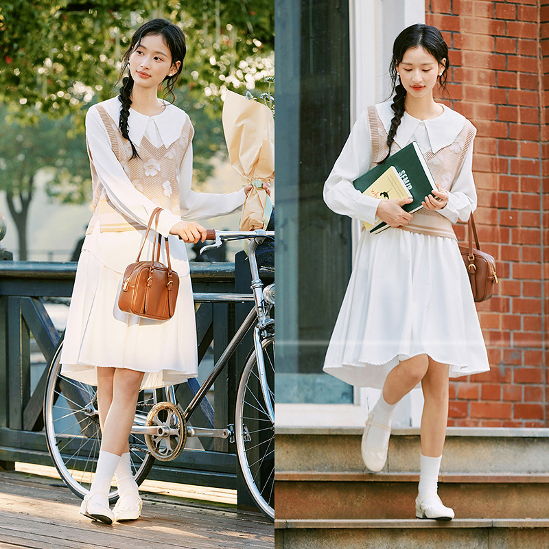 森马长袖衬衫女翻领雪纺衬衣背心可爱春季宽松两件套气质上衣套装,淘宝优惠券,粉丝福利购,淘宝优惠卷