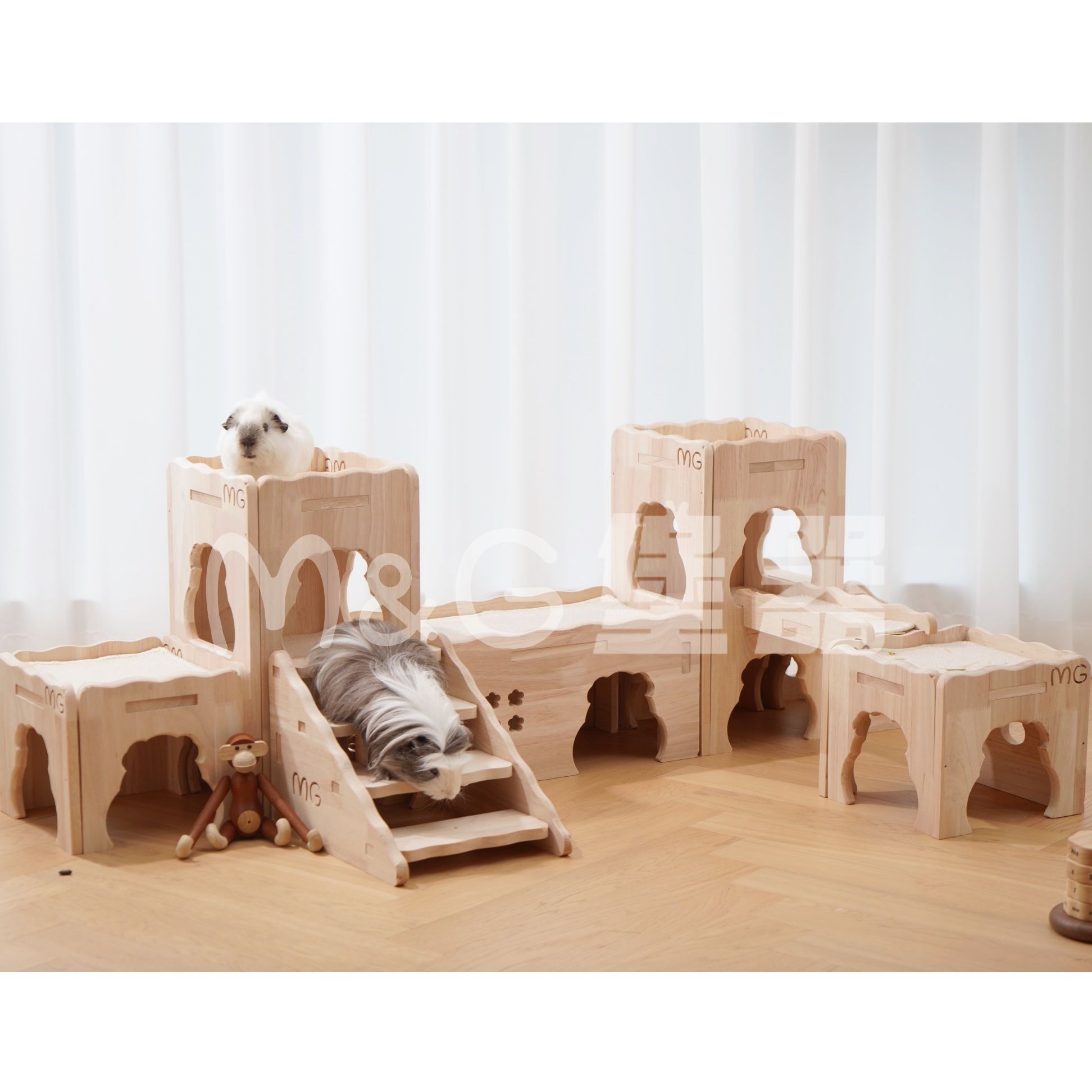【堡器】宠物玩具荷兰猪兔子城堡木质隧道无漆实木定制躲避屋房子 - 图0