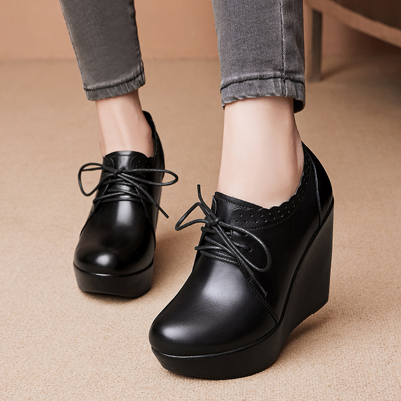 真皮厚底坡跟单鞋女2025秋季松糕底圆头系带皮鞋防水台深口高跟鞋,淘宝优惠券,粉丝福利购,淘宝优惠卷