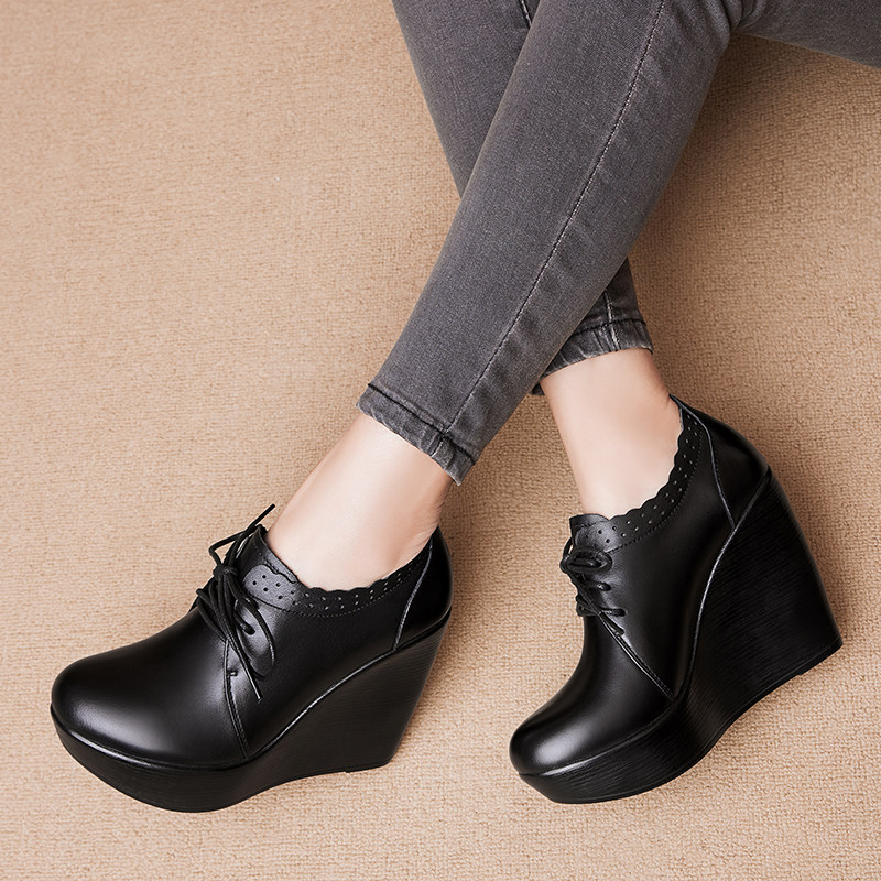 真皮厚底坡跟单鞋女2025秋季松糕底圆头系带皮鞋防水台深口高跟鞋,淘宝优惠券,粉丝福利购,淘宝优惠卷