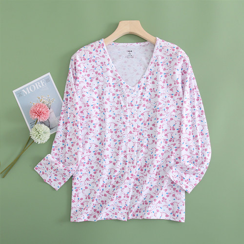 AB内衣女士纯棉薄款印花开衫长袖中老年妈妈睡衣宽松家居服上衣 - 图1