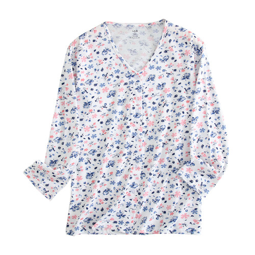 AB内衣女士纯棉薄款印花开衫长袖中老年妈妈睡衣宽松家居服上衣 - 图3