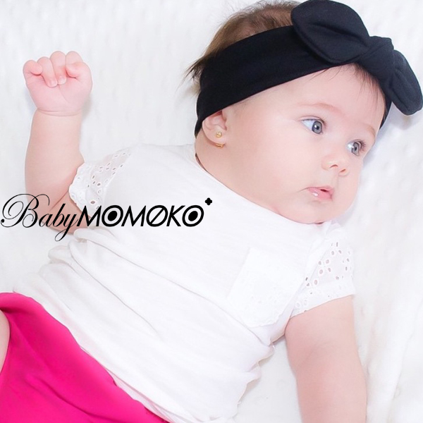 babymomoko 黑色蝴蝶結寶寶款彈力韓國可愛公主歐美棉質寬版髮帶