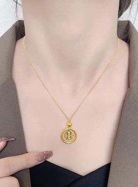 钛钢不掉色 高品质项链女圆环福喜双面平安扣 中式中国风锁骨链