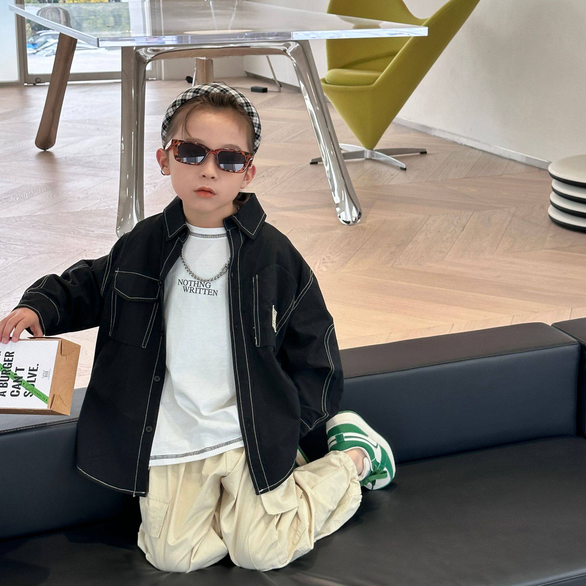 皮皮虾 男童衬衫外套上衣立领纯色内搭外穿春款新款百搭好穿潮服