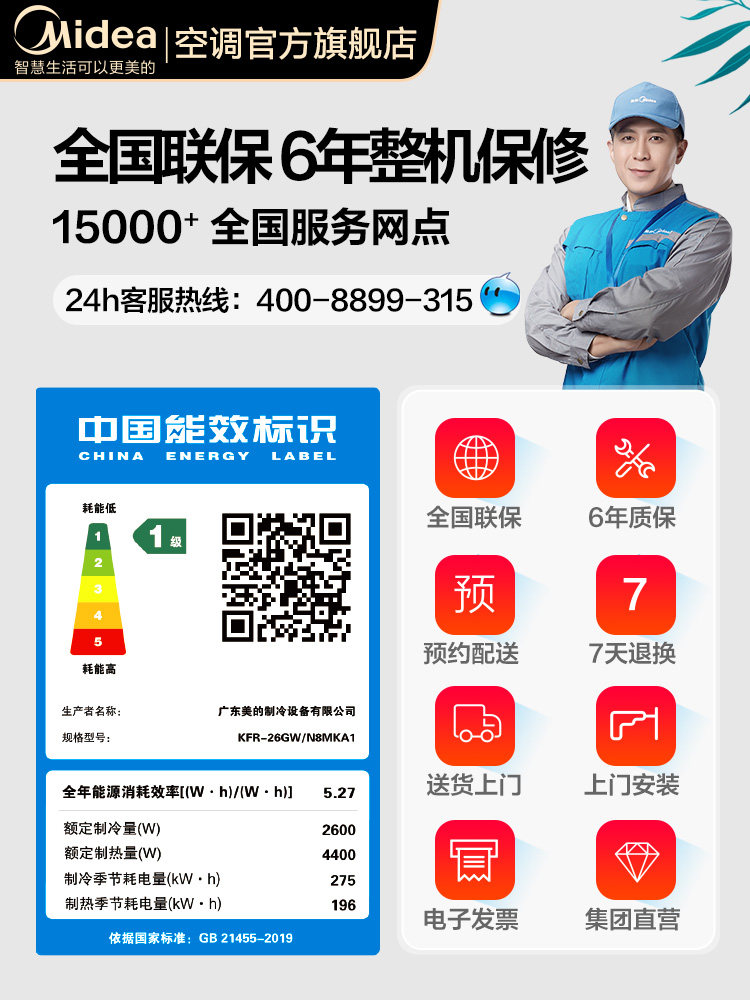 【新风】美的焕新风大1匹一级空调 美的空调空调